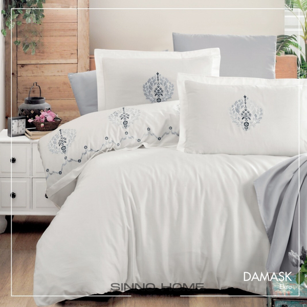 DAMASK grey - Cotton Satin Embroidered Duvet Cover Set Double