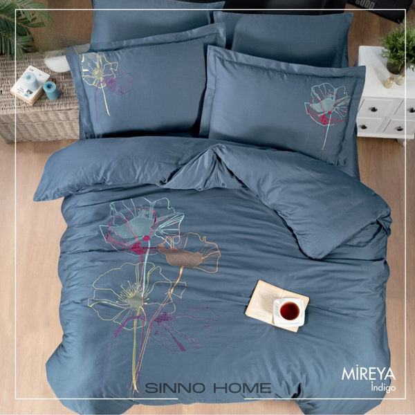 MIREYA indigo - Cotton Satin Embroidered Duvet Cover Set Double