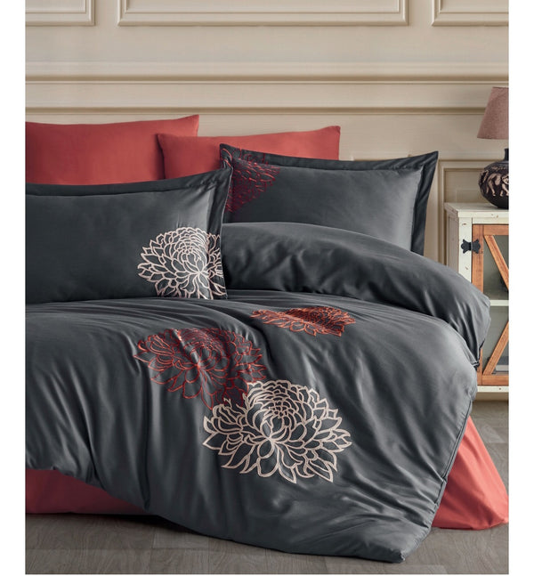 SIENNA gray - Cotton Satin Embroidered Duvet Cover Set Double