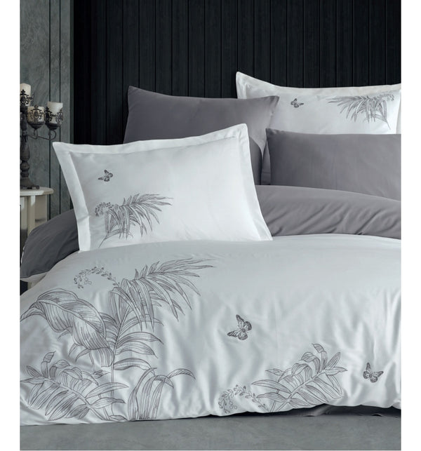 TROPICAL grey - Cotton Satin Embroidered Duvet Cover Set Double