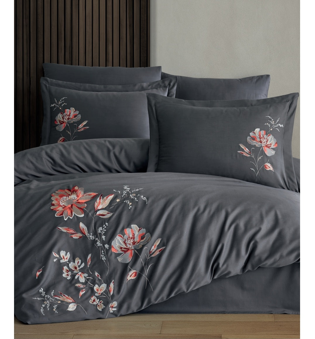 IMPERO grey - Cotton Satin Embroidered Duvet Cover Set Double
