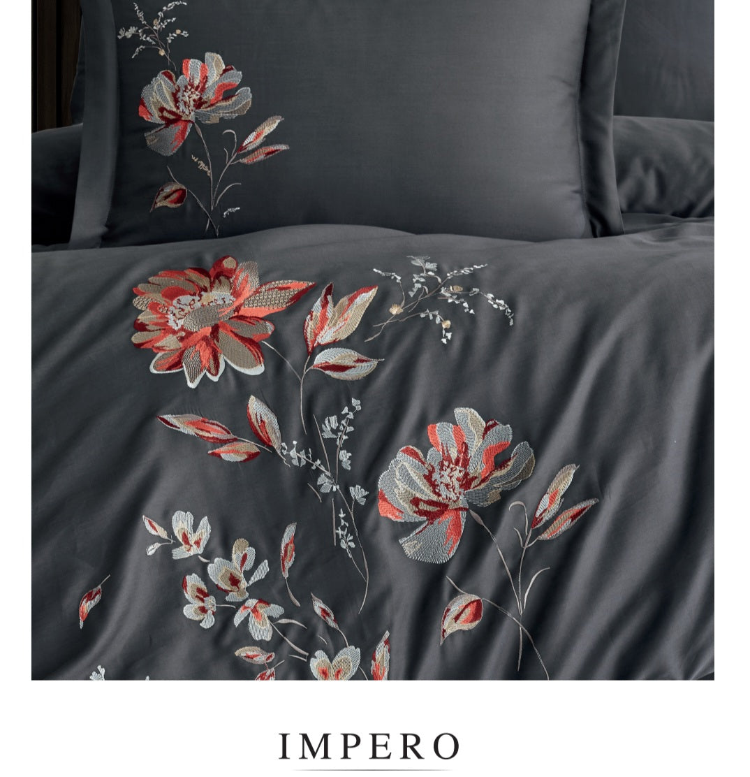 IMPERO grey - Cotton Satin Embroidered Duvet Cover Set Double