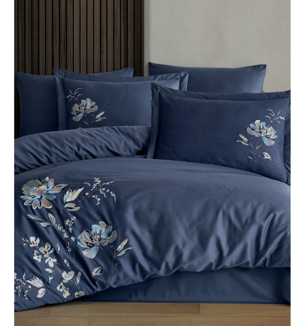 IMPERO navy - Cotton Satin Embroidered Duvet Cover Set Double