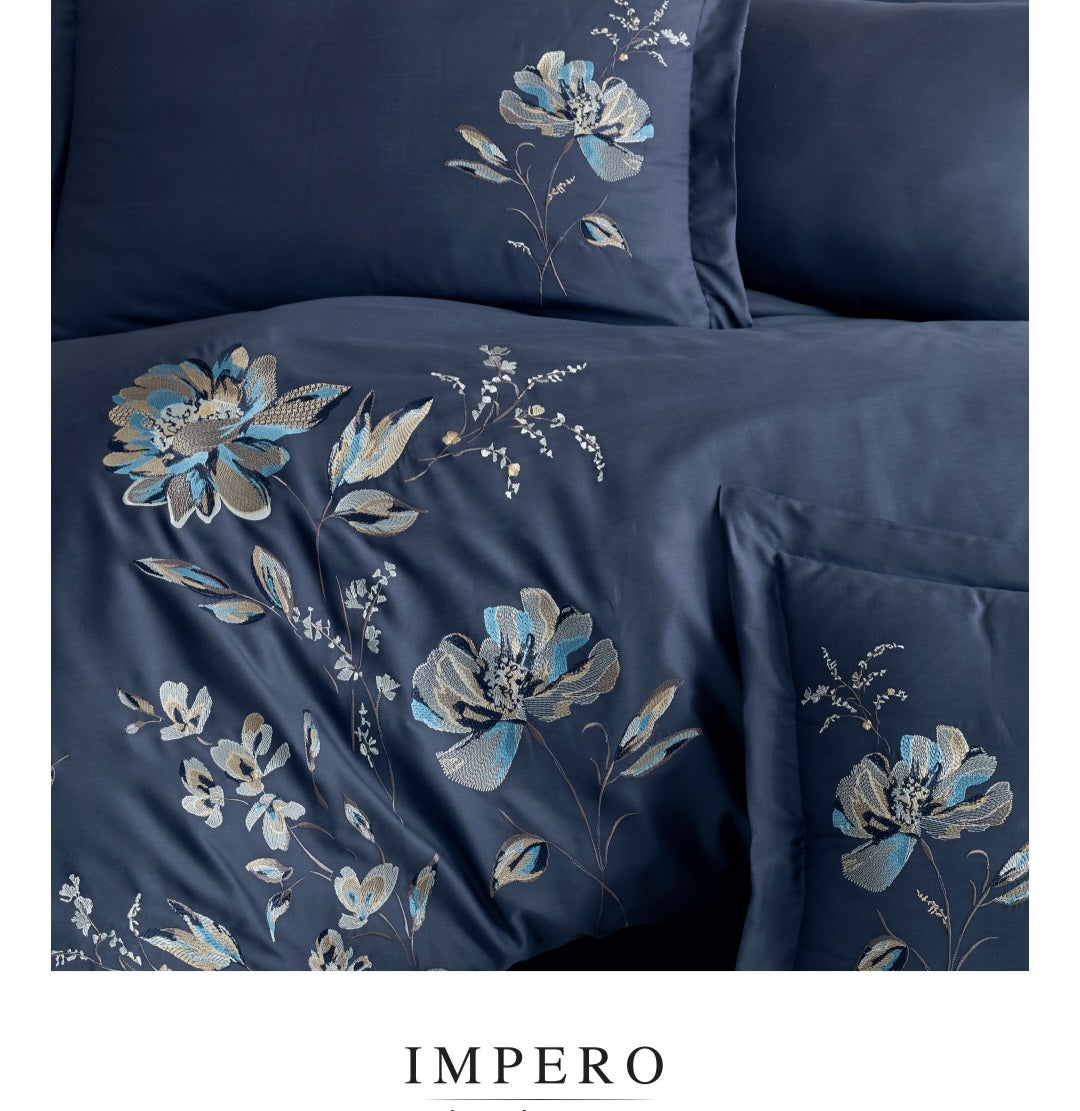 IMPERO navy - Cotton Satin Embroidered Duvet Cover Set Double