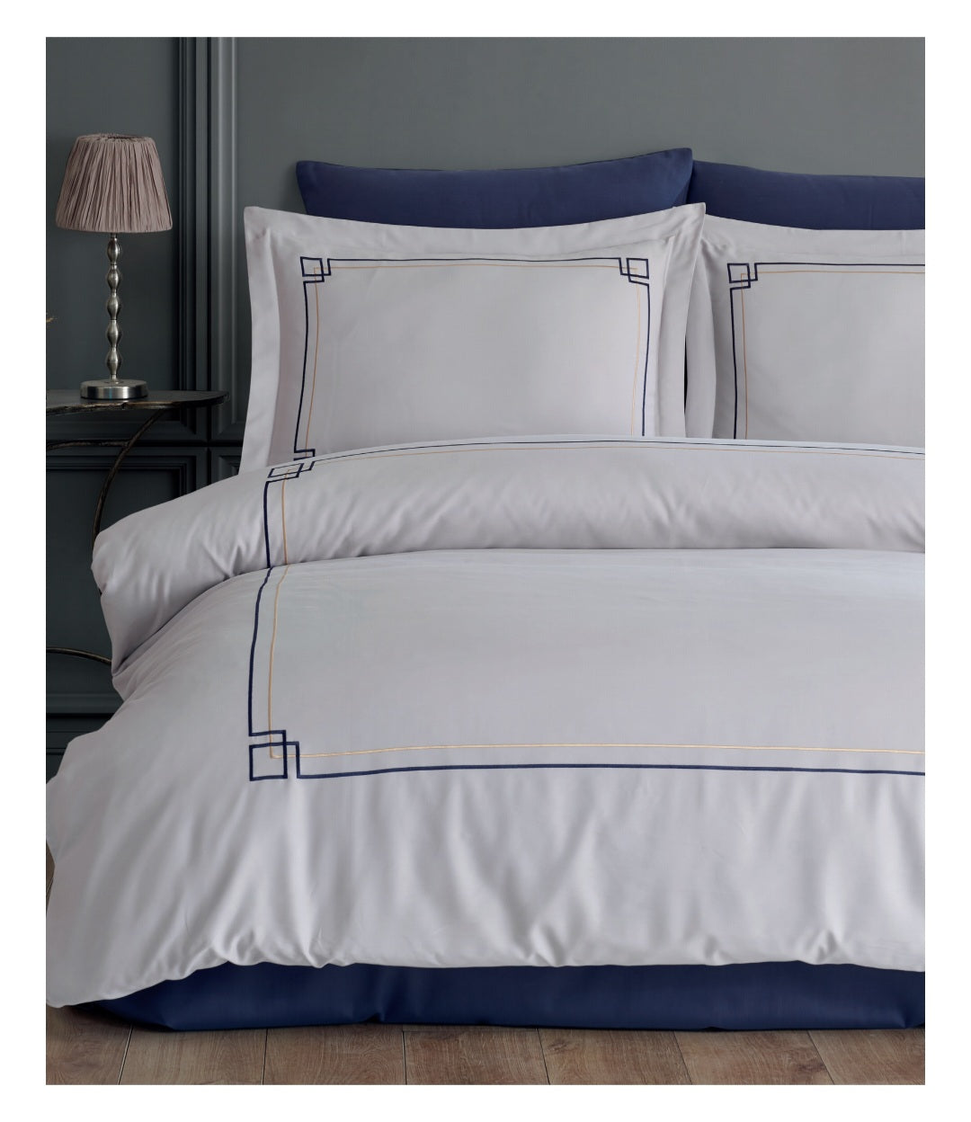 Poem Navy- Cotton Satin Embroidered Duvet Cover Set Double