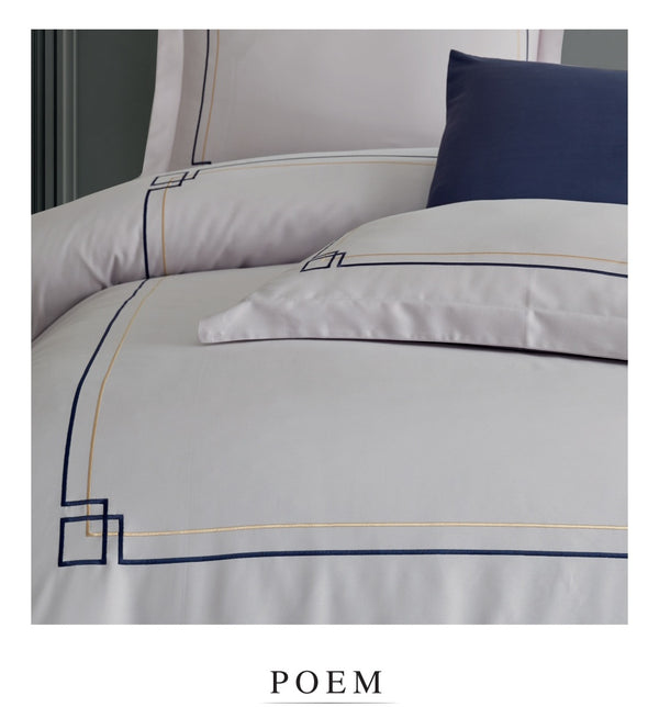 Poem Navy- Cotton Satin Embroidered Duvet Cover Set Double