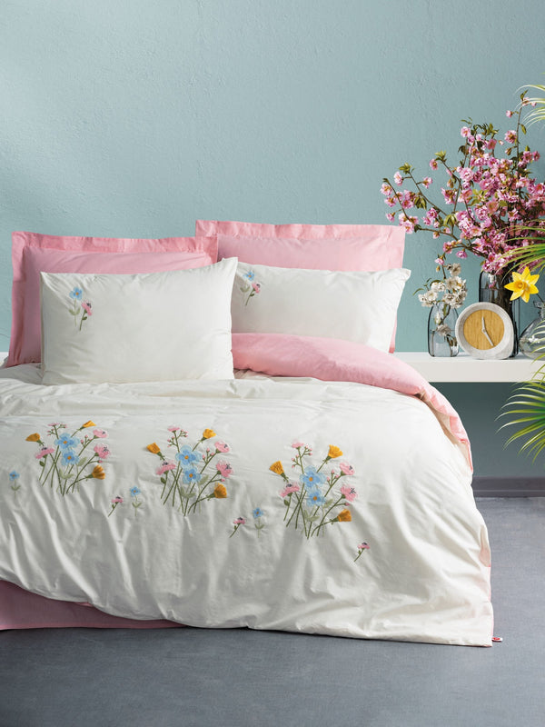 Embroidered  Double Duvet Cover Set Delbin Pink